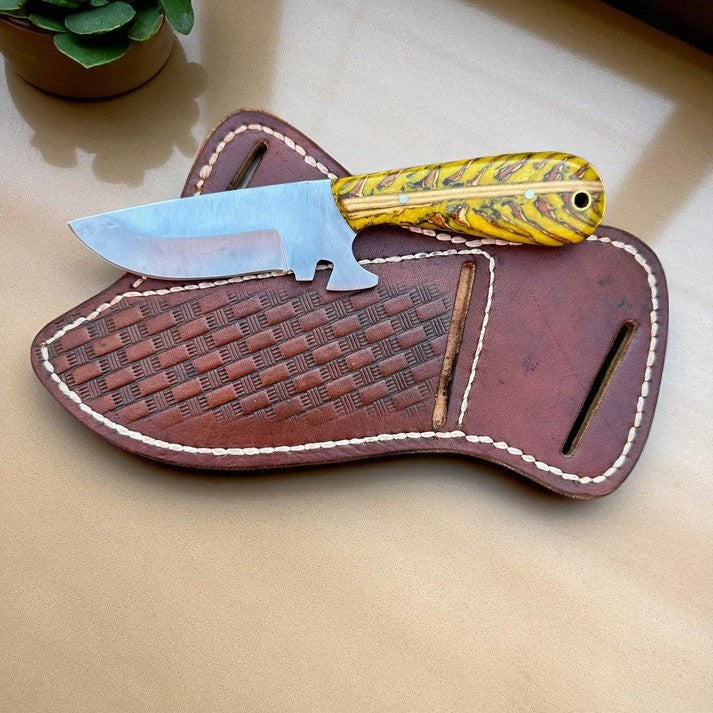 Handcrafted cowboy belt knife with J2 steel blade and yellow pine cone resin handle – Arham Cutlery