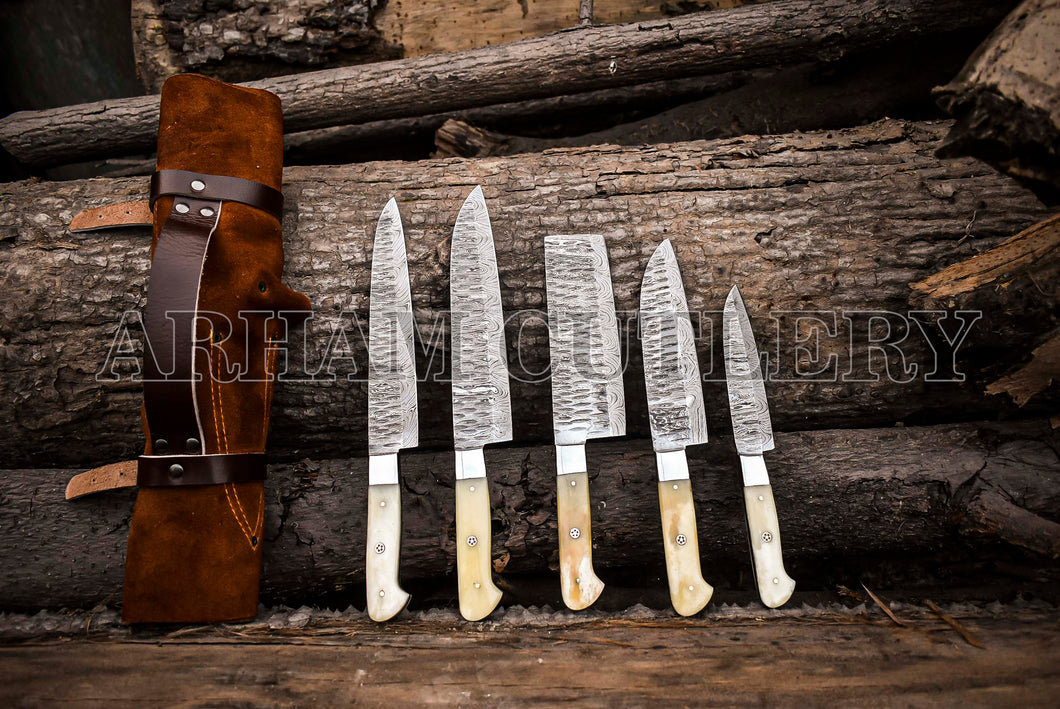 Handmade Damascus Steel Camel Bone Kitchen Knife Chef Set