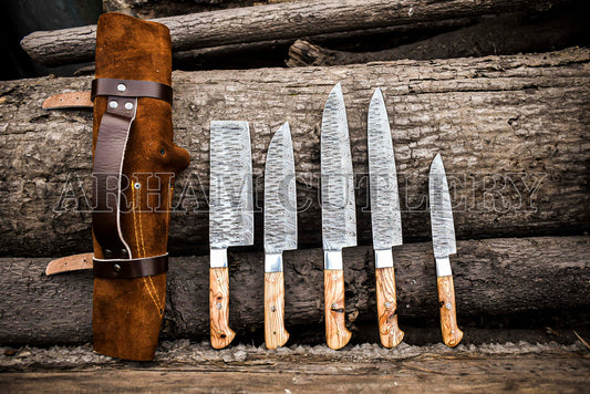 Handmade Kitchen Knife Set , Damascus Steel 5 PCS Hand Forged Chef Knife Set With Leather Roll Kit