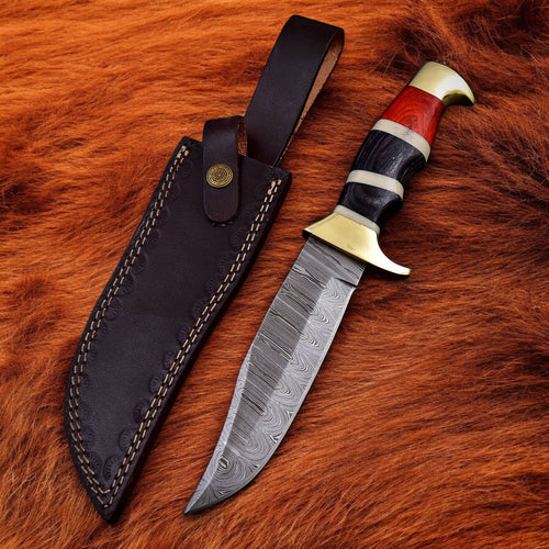 Custom Handmade Damascus Steel Bowie Knife With Red Handle Arham Cutlery 
