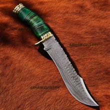 Lade das Bild in den Galerie-Viewer, Custom Handmade Damascus Steel Green Caterpillar Bowie With Leather Sheath
