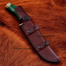 Lade das Bild in den Galerie-Viewer, Custom Handmade Damascus Steel Green Caterpillar Bowie With Leather Sheath

