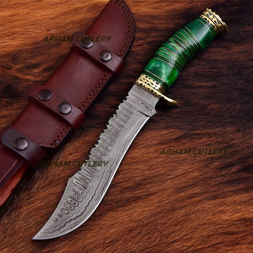 Custom Handmade Damascus Steel Green Caterpillar Bowie With Leather Sheath