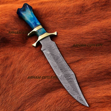 Lade das Bild in den Galerie-Viewer, Custom Handmade Damascus Steel Legender Bowie Knife With Leather Sheath
