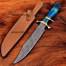 Lade das Bild in den Galerie-Viewer, Custom Handmade Damascus Steel Legender Bowie Knife With Leather Sheath

