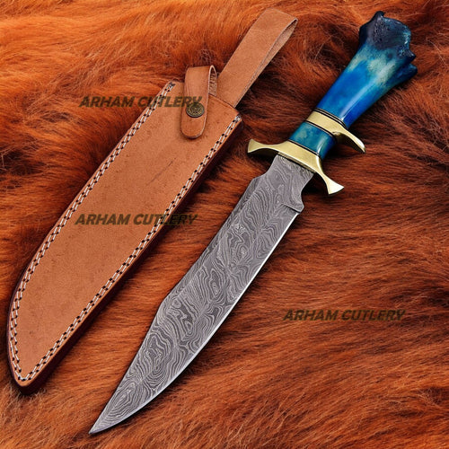 Custom Handmade Damascus Steel Legender Bowie Knife With Leather Sheath