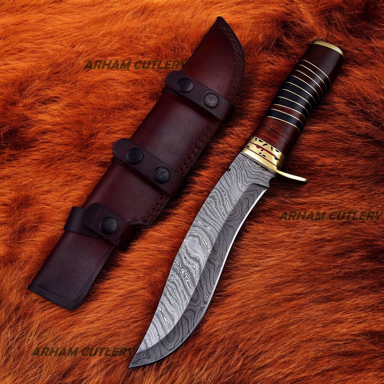 Custom Made Damascus Steel Hunting Knife With Leather Sheath