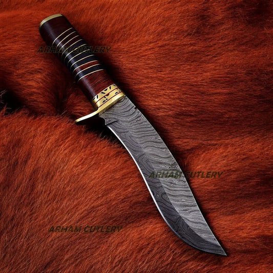 Custom Made Damascus Steel Hunting Knife With Leather Sheath