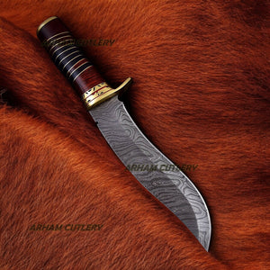 Custom Made Damascus Steel Hunting Knife With Leather Sheath
