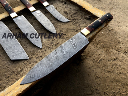 Handmade Damascus Steel Kitchen Knife Set of 5 With Leather Roll Kit , Best Outdoor Set , Arham Cutlery