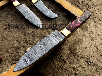 Damascus Steel Kitchen Knife Set , Resin Mold 5 PCS Hand Forged Chef Set With Leather Roll Kit , Arham Cutlery