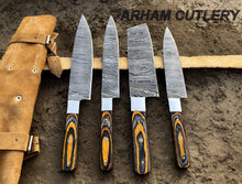 Cargar imagen en el visor de la galería, Handmade Damascus Steel Kitchen Knife Set of 4 Pcs With Leather Roll Kit , Arham Cutlery
