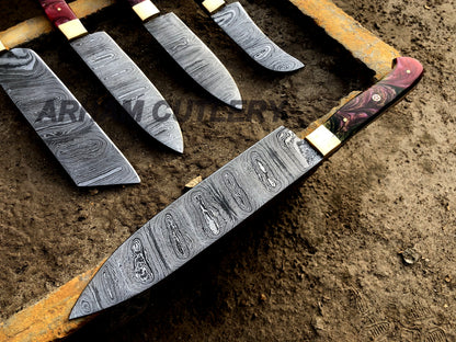 Damascus Steel Kitchen Knife Set , Resin Mold 5 PCS Hand Forged Chef Set With Leather Roll Kit , Arham Cutlery