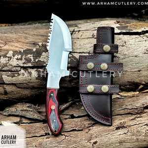 Handcrafted D2 Steel Tracker Knife - Pakkah Wood Handle & Leather Sheath