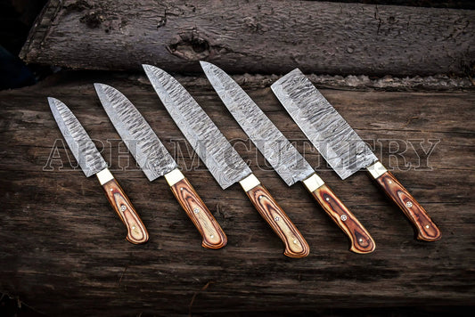 Hand Forged Damascus Steel Kitchen Knife Chef Set With Leather Roll Kit Arham Cutlery