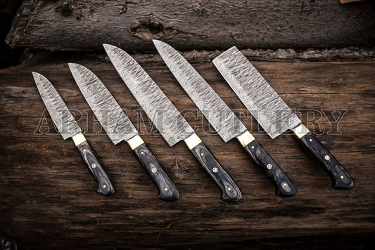 Damascus Steel 5 Pcs Kitchen Knife Chef Set With Leather Roll Kit Arham Cutlery