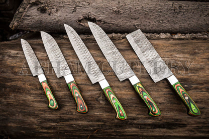 Custom Made Damascus Steel Kitchen Knife Set With Leather Roll Kit