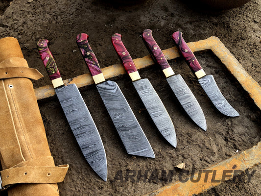 Damascus Steel Kitchen Knife Set , Resin Mold 5 PCS Hand Forged Chef Set With Leather Roll Kit , Arham Cutlery
