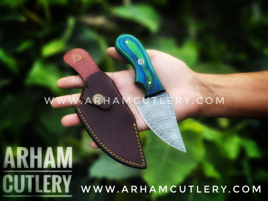 Custom Made Damascus Steel Skinning Knife With Leather Sheath Arham Cutlery