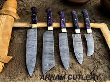Cargar imagen en el visor de la galería, Damascus Steel Hand Forged Set Of 5 With Leather Roll Kit , Kitchen Knife , Arham Cutlery
