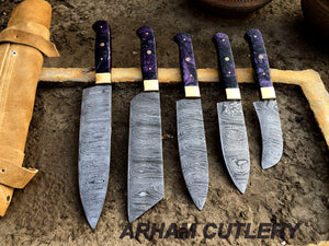 Damascus Steel Hand Forged Set Of 5 With Leather Roll Kit , Kitchen Knife , Arham Cutlery