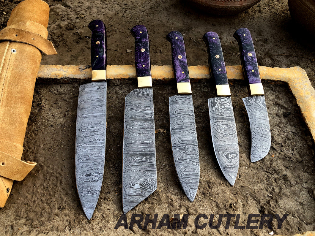 Damascus Steel Hand Forged Set Of 5 With Leather Roll Kit , Kitchen Knife , Arham Cutlery