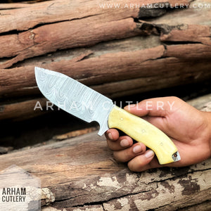 9" Damascus Steel Handmade Hunting Knife With Cowhide Leather Sheath , Arham Cutlery