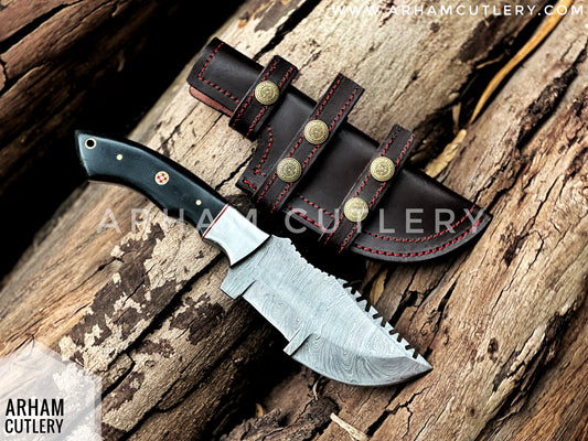 Handcrafted Damascus Steel Tracker Knife - Micarta Handle & Leather Sheath