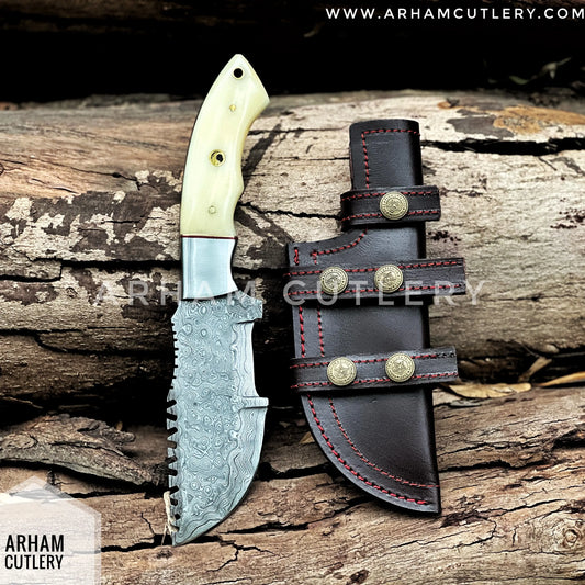 Handmade Damascus Steel Tracker Knife - Camel Bone Handle & Leather Sheath , Best Outdoor Knife Arham Cutlery