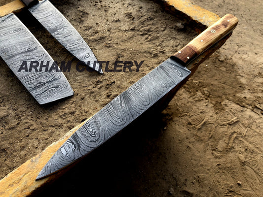 Damascus Steel Kitchen Knife Set , Hard Wood 4 PCS Hand Forged Chef Set With Leather Roll Kit Arham Cutlery