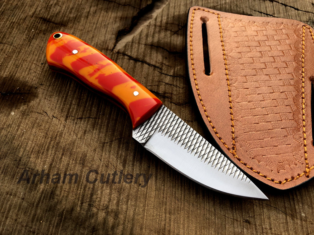 Custom Hand Forged  Ferrier Rasp File Skinning Knife With Cross Draw Leather Sheath , Arham Cutlery