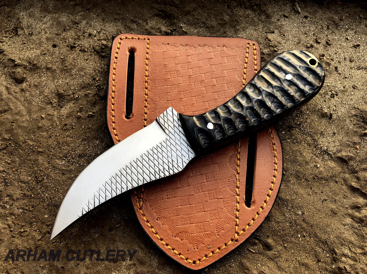 Ferrier Rasp File Skinning Knife With Cross Draw Leather Sheath , Arham Cutlery