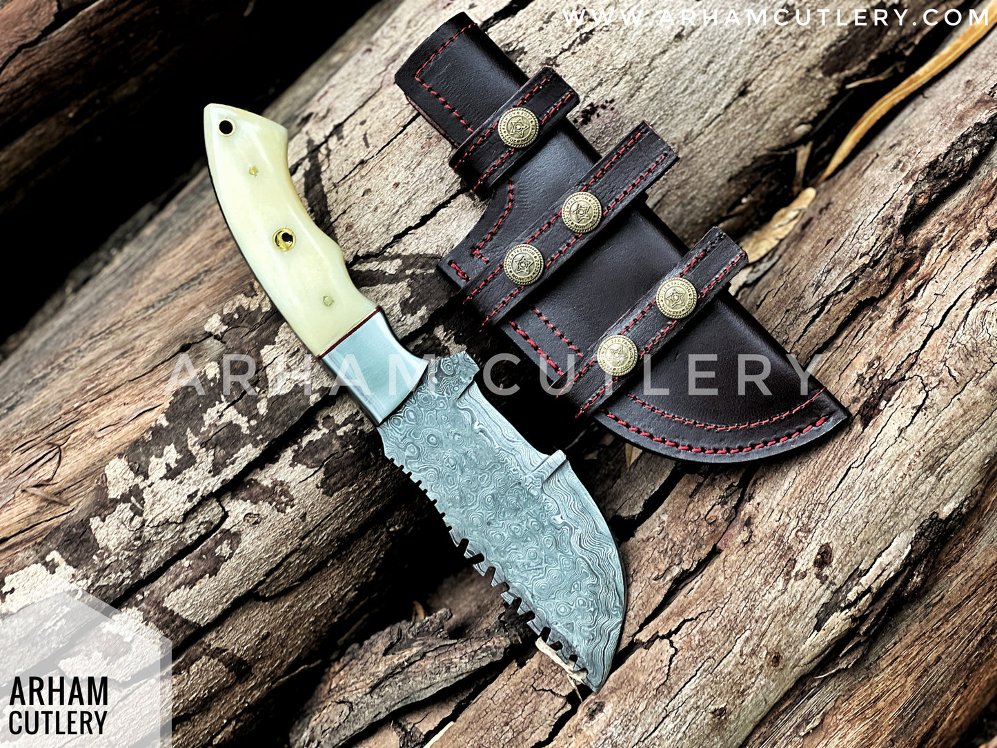 Handmade Damascus Steel Tracker Knife - Camel Bone Handle & Leather Sheath , Best Outdoor Knife