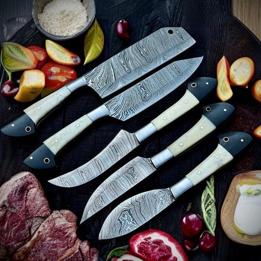 Damascus Blade Kitchen/Chef Knife Set 5 pieces, Unique Hand Forged Kitchen Knives Set , Arham Cutlery
