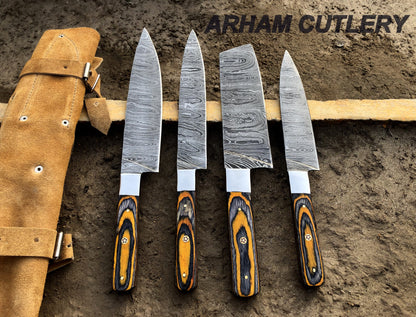 Handmade Damascus Steel Kitchen Knife Set of 4 Pcs With Leather Roll Kit , Arham Cutlery