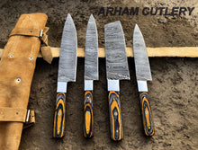 Cargar imagen en el visor de la galería, Handmade Damascus Steel Kitchen Knife Set of 4 Pcs With Leather Roll Kit , Arham Cutlery
