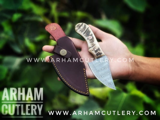 Handmade Damascus Steel Fixed Blade Skinning Knife With Ram Horn Arham Cutlery 