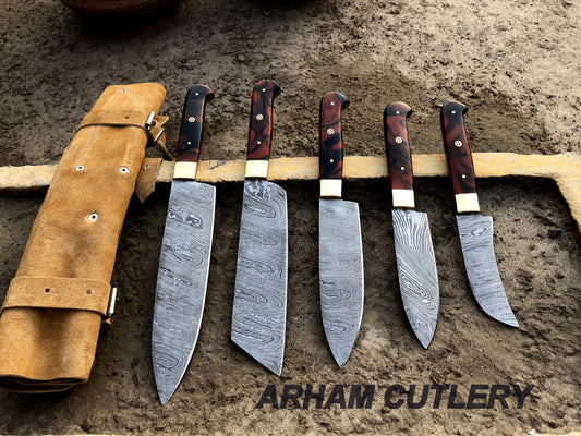 Handmade Damascus Steel Kitchen Knife Set of 5 With Leather Roll Kit , Best Outdoor Set , Arham Cutlery