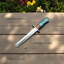 Lade das Bild in den Galerie-Viewer, D2 Stainless Steel Blue Bone Rosewood Taketo Tanto Knife With Leather Sheath
