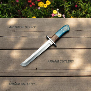 D2 Stainless Steel Blue Bone Rosewood Taketo Tanto Knife With Leather Sheath
