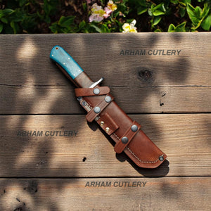D2 Stainless Steel Blue Bone Rosewood Taketo Tanto Knife With Leather Sheath