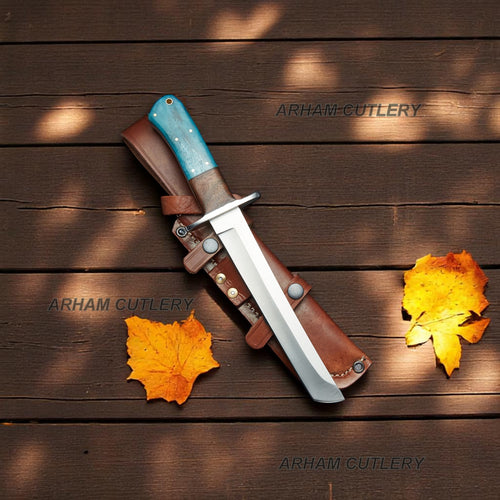 D2 Stainless Steel Blue Bone Rosewood Taketo Tanto Knife With Leather Sheath