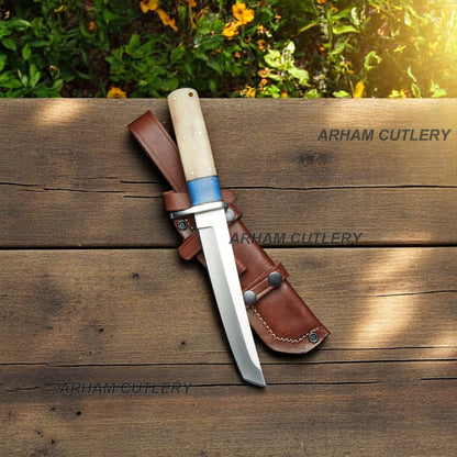 D2 Stainless Steel Blue Lapis Bone Combat Tanto Knife With Leather Sheath Arham Cutlery 