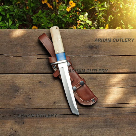D2 Stainless Steel Blue Lapis Bone Combat Tanto Knife With Leather Sheath Arham Cutlery 