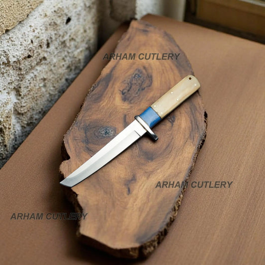 D2 Stainless Steel Blue Lapis Bone Combat Tanto Knife With Leather Sheath Arham Cutlery 
