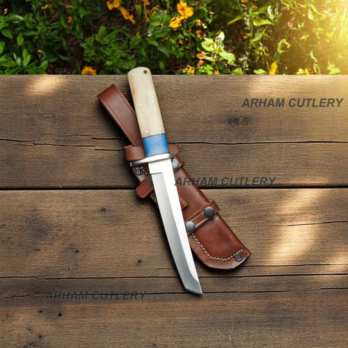 D2 Stainless Steel Blue Lapis Bone Combat Tanto Knife With Leather Sheath Arham Cutlery 
