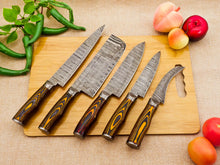 Lade das Bild in den Galerie-Viewer, 5 Piece Handmade Damascus Chef Knife Set - Chef&#39;s Knife, Fillet Knife, Cleaver, Small Chef knife, Paring knife - Arham Cutlery
