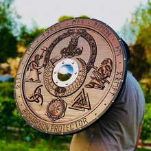 Load image into Gallery viewer, Medieval Viking Shield, Mjolnir Carved Shield, Cosplay Shield Viking Gift, Viking Wall Decor, Viking Round Shield, Birthday &amp; Christmas Gift | Arham Cutlery
