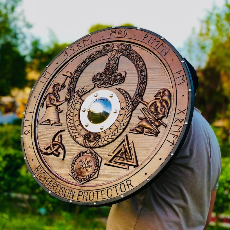 Medieval Viking Shield, Mjolnir Carved Shield, Cosplay Shield Viking Gift, Viking Wall Decor, Viking Round Shield, Birthday & Christmas Gift | Arham Cutlery