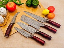 Load image into Gallery viewer, 5 Piece Handmade Damascus Chef Knife Set with Red Handle - Chef&#39;s Knife, Fillet Knife, Cleaver, Small Chef knife, Paring knife - Arham Cutlery
